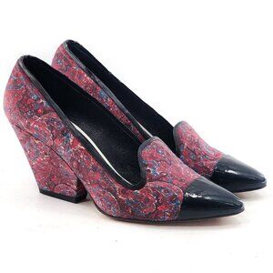 PETER SOM Floral Print Cap Toe Loafer Style Wedge Pumps Pink Blue